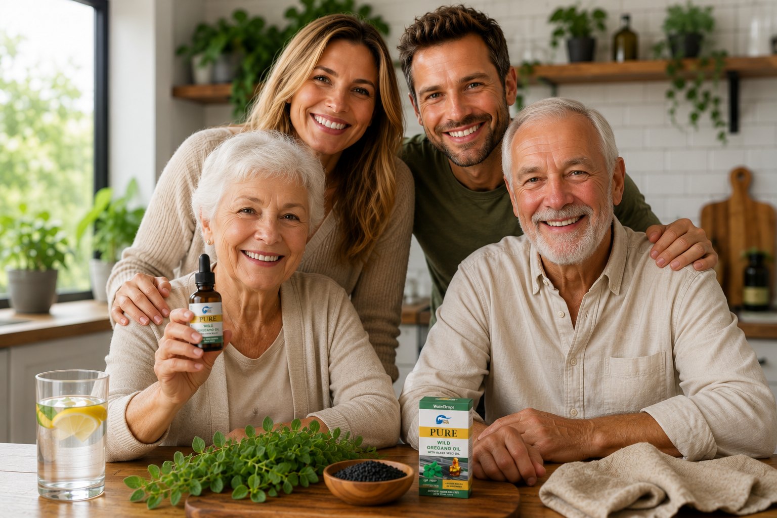 Adults sharing a daily wellness ritual with WaveDrops in a bright kitchen