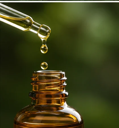 A golden drop of oregano oil falling from the glass dropper