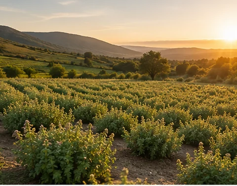 Wild oregano growing in a Mediterranean field at golden hour