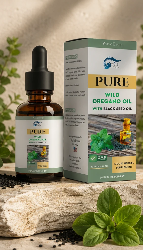 WaveDrops Wild Oregano Oil with Black Seed Oil — bottle and box with fresh oregano and black seeds